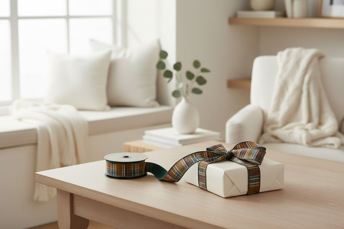 D Stevens Dupioni Plaid Wired Ribbon Brown Celadon 1.5 Inch-05-1757 D.Stevens