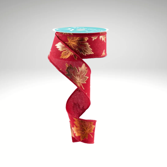 1.5"x10yd Burgundy Fall Foil Maple Leaf Wired Ribbon – Autumn Craft & Wreath Supply-RGE147605 Craig Bachman