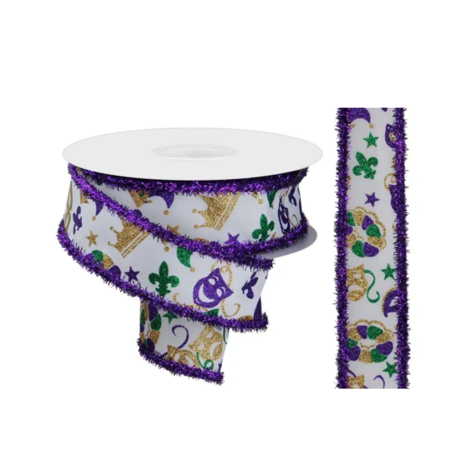 1.5"x10yd Mardi Gras Wired Ribbon – Purple Gold Green Glitter Mask & Crown Print-RGA870827 Craig Bachman