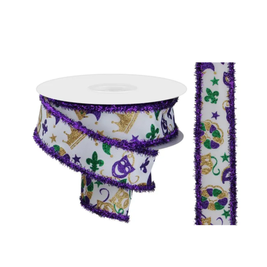 1.5"x10yd Mardi Gras Wired Ribbon – Purple Gold Green Glitter Mask & Crown Print-RGA870827 Craig Bachman