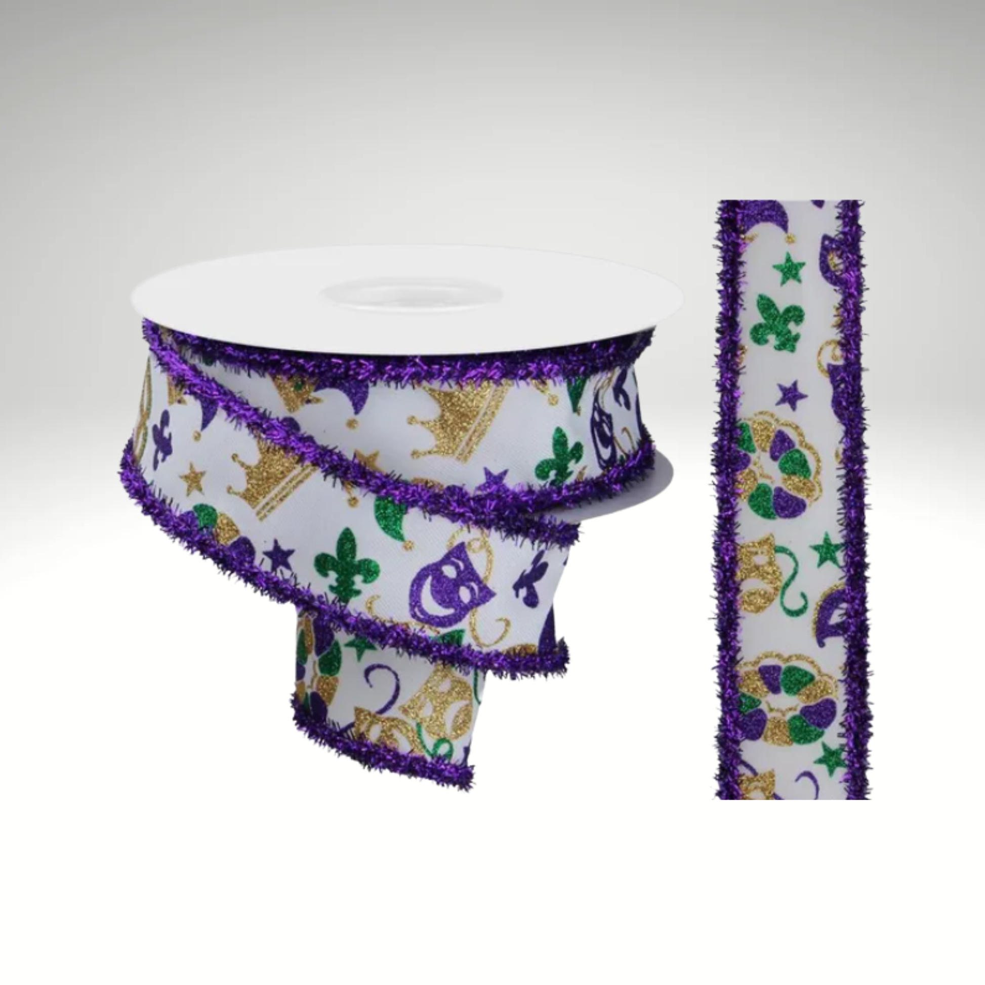 1.5"x10yd Mardi Gras Wired Ribbon – Purple Gold Green Glitter Mask & Crown Print-RGA870827 Craig Bachman
