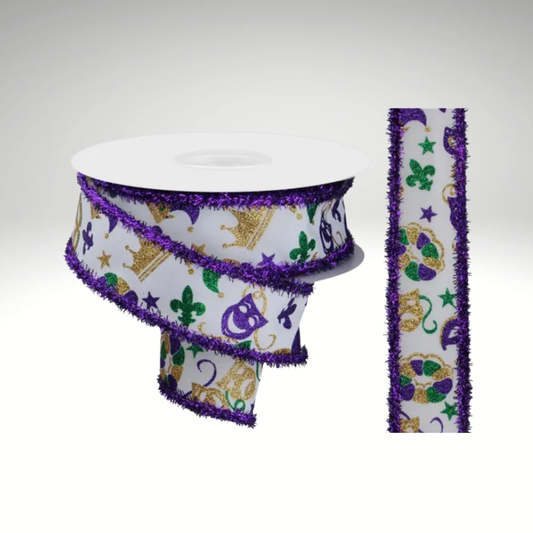 1.5"x10yd Mardi Gras Wired Ribbon – Purple Gold Green Glitter Mask & Crown Print-RGA870827 Craig Bachman