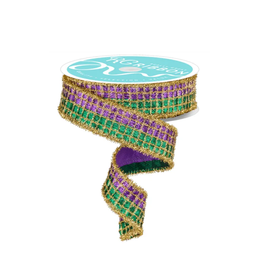 1.5"x10yd Mardi Gras 3-in-1 Metallic Mesh Tinsel Wired Ribbon – Purple, Gold & Green-RGC8043 Craig Bachman