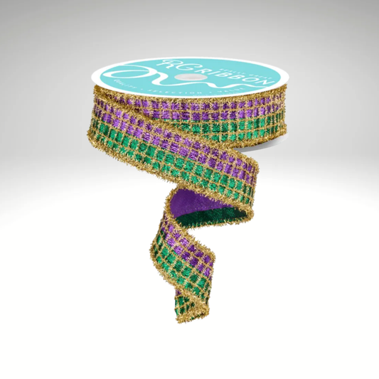 1.5"x10yd Mardi Gras 3-in-1 Metallic Mesh Tinsel Wired Ribbon – Purple, Gold & Green-RGC8043 Craig Bachman