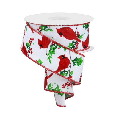 1.5" x 10yd Cardinal and Holly Berries Christmas Wired Ribbon - Festive Red, Green, and White Holiday Ribbon -RGE153027 Craig Bachman