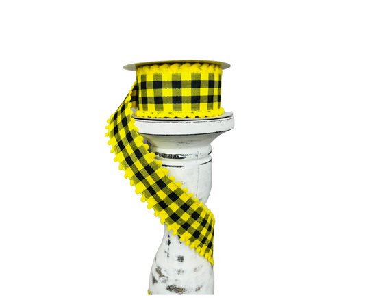1.5"x10YD Yellow/Black Check Ribbon with Poms - Playful Charm and Vibrant Style- (RN585873) TCT Crafts