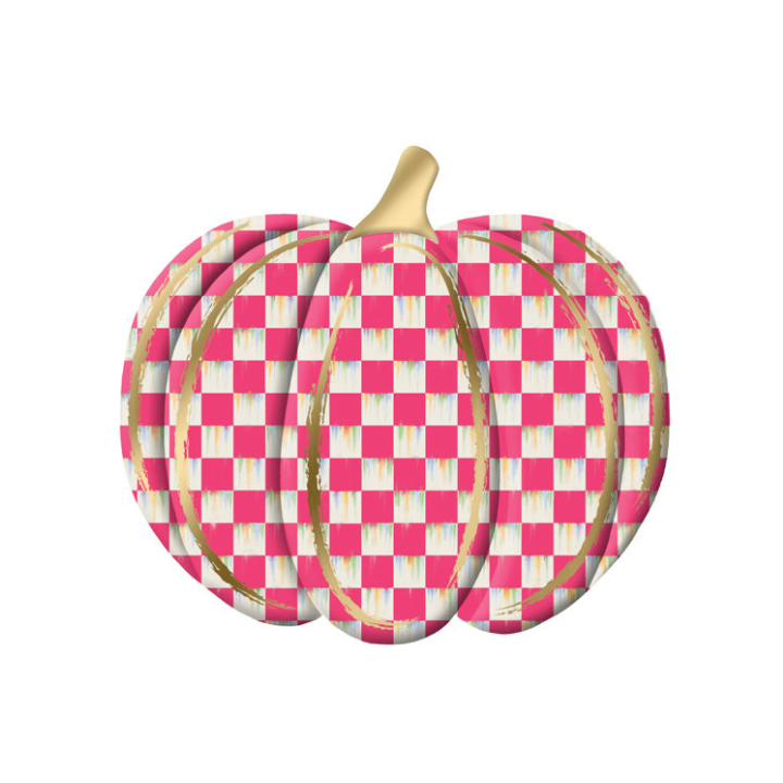 Metal Checkered Pumpkin – 12"x11" Embossed Pink & White Plaid Fall Decor with Gold Accents-MD165911 Craig Bachman