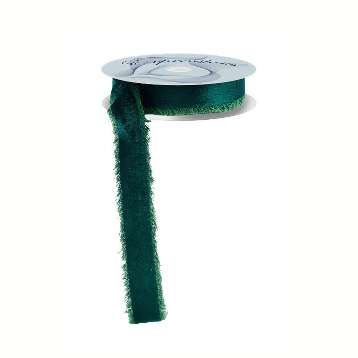 1" Hunter Green Frayed Velvet Ribbon | Non-Wired Trim for Gifts & Florals-RN591011 Craig Bachman