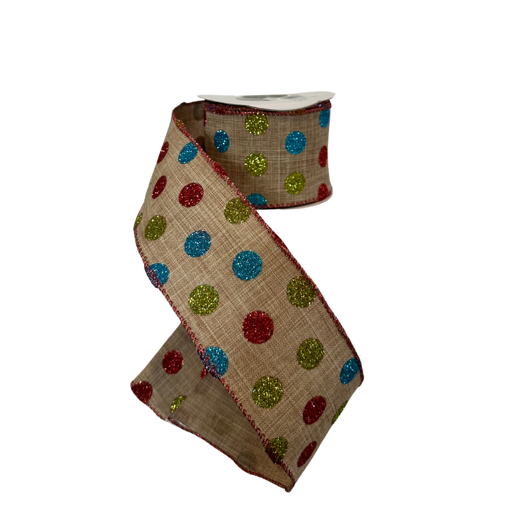 2.5"x10YD Natural Elegance: Red, Blue & Green Polka Dot Wired Ribbon by TCT Crafts (92379W-750-40F)