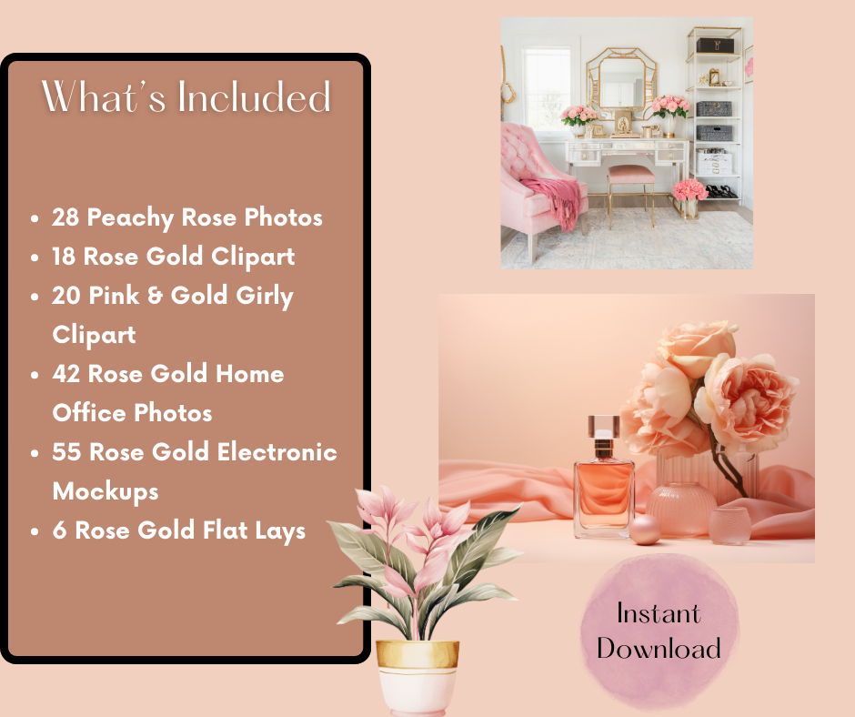 Ultimate Rose Gold & Pink Digital Bundle – Peachy Rose Photos, Rose Gold Clipart, Mockups, and Girly Flat Lays - Instant Download