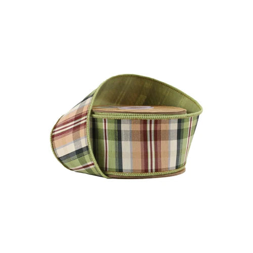 Green Tan Plaid Wired Ribbon | Dupioni Backing Fall Ribbon | 2.5" x 10yd-5600W-570-63E LA Ribbons