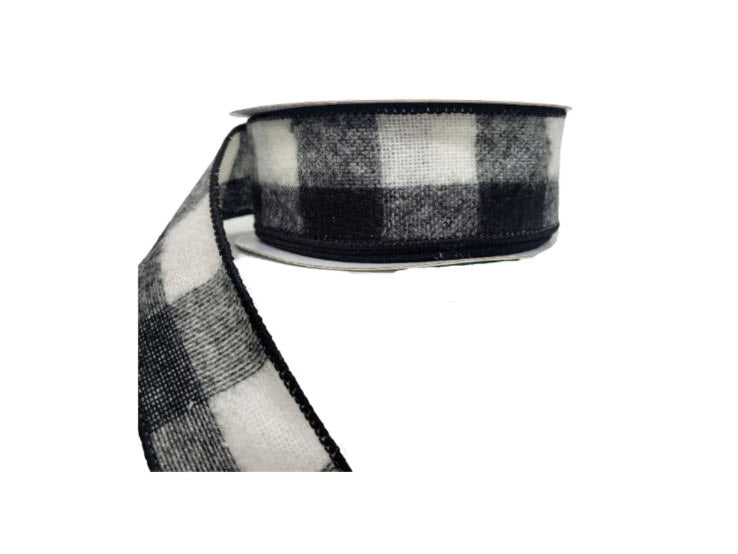 1.5"x10YD Fuzzy Large Check Wired Ribbon Black/White TCT Crafts