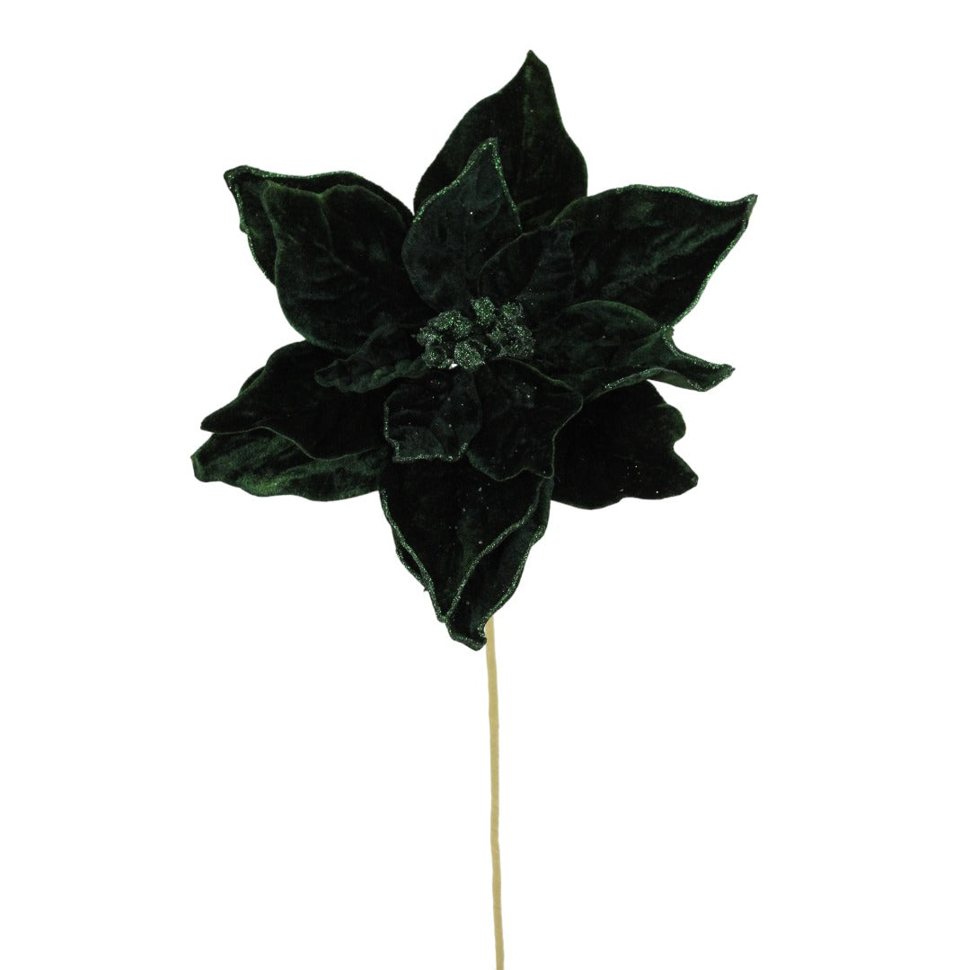 20" Velvet Poinsettia Stems | Holiday Floral Picks | Available in Green, Burgundy, Royal Blue, Midnight Blue