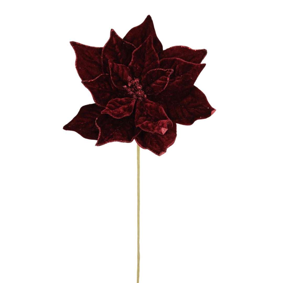 20" Velvet Poinsettia Stems | Holiday Floral Picks | Available in Green, Burgundy, Royal Blue, Midnight Blue