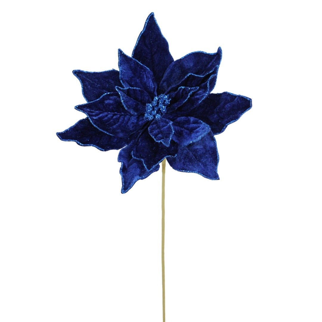 20" Velvet Poinsettia Stems | Holiday Floral Picks | Available in Green, Burgundy, Royal Blue, Midnight Blue