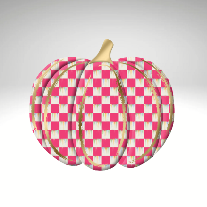Metal Checkered Pumpkin – 12"x11" Embossed Pink & White Plaid Fall Decor with Gold Accents-MD165911 Craig Bachman