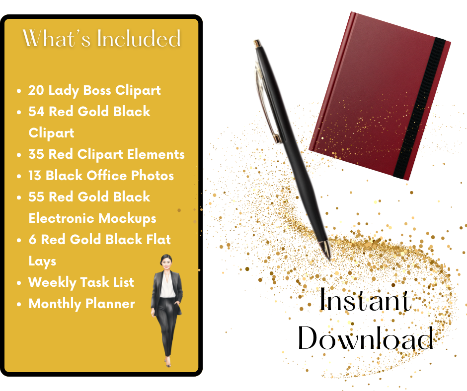 Ultimate Red, Gold & Black Digital Bundle | Office Mockups, Clipart, Planner Printables | Instant Download - Instant Download