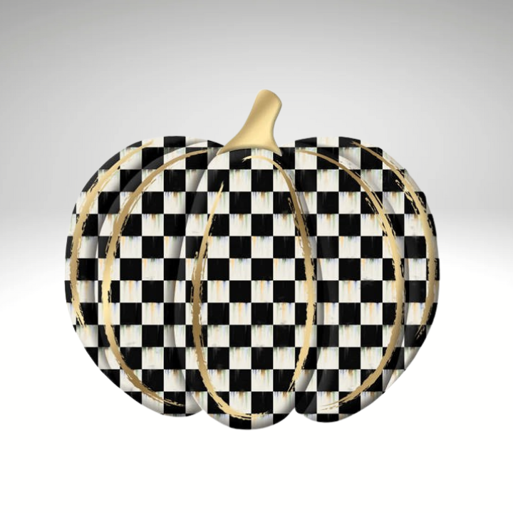 Metal Checkered Pumpkin – 12"x11" Embossed Black & White Plaid Fall Decor with Gold Accents-MD165902 Craig Bachman