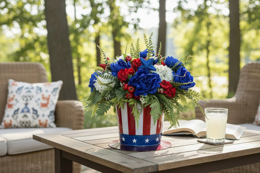 Patriotic 4th of July Floral Arrangement in Americana Metal Container TCT Crafts