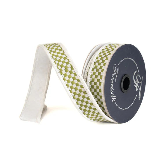 Farrisilk Olive Ivory Check Wired Ribbon 1 Inch Designer Ribbon-RK848-76 Farrisilk