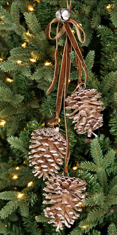 Glittered Pinecone Trio Cluster | Champagne/Taupe Ornament with Bell | 19" Cluster Impressive Enterprises, Inc.