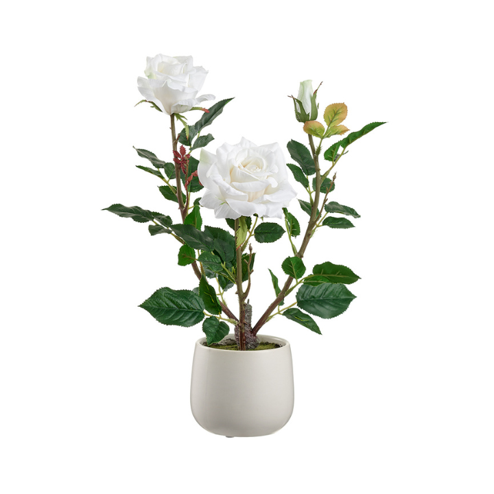 16.1" Artificial White Rose in Ceramic Vase | Elegant Faux Floral Table Decor