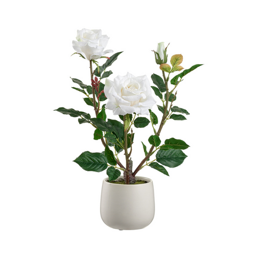 16.1" Artificial White Rose in Ceramic Vase | Elegant Faux Floral Table Decor