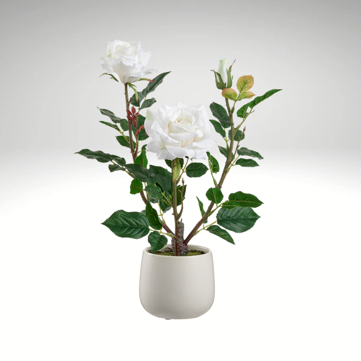 16.1" Artificial White Rose in Ceramic Vase | Elegant Faux Floral Table Decor