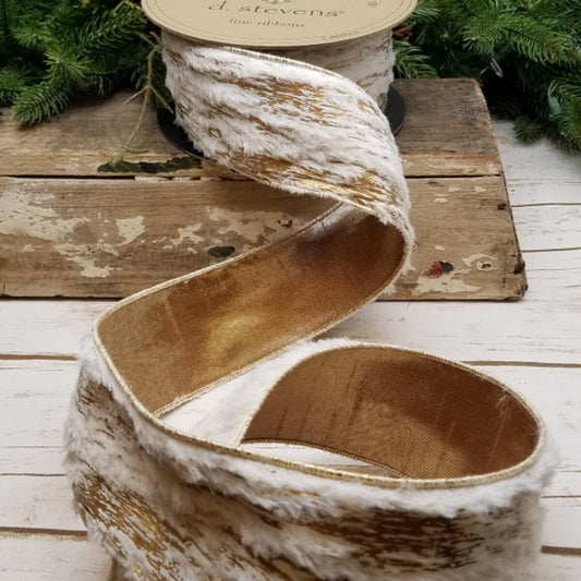 D Stevens Faux Fur Wired Ribbon Gold Ivory 2.5 Inch-88-1845 D.Stevens