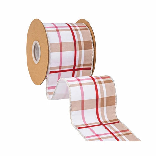 Gingerbread Plaid Wired Dupioni Ribbon | Pink Tan Christmas Ribbon | 4" x 10yd-9728W-743-100E LA Ribbons