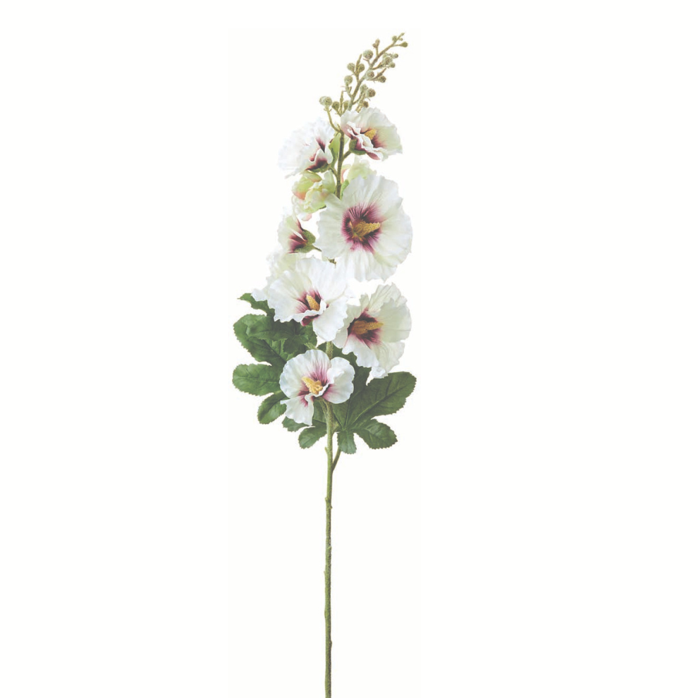 36" Artificial Hollyhock Spray – White & Burgundy Faux Floral Stem for Home & Garden Decor-HSH037-WH/BB