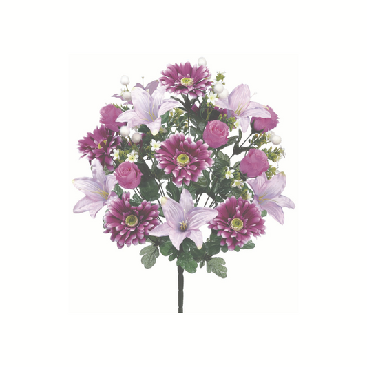 21" Artificial Purple Lily, Daisy & Rose Bud Bush – Faux Floral Pick for Wreaths, Vases & Home Decor-FBX111-PU/LV