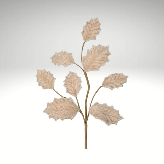 27" Taupe Beaded Iced Holly Leaf Pick – Glitter Christmas Greenery Stem for Wreaths & Holiday Decor-MTX75967-TAUP Regency