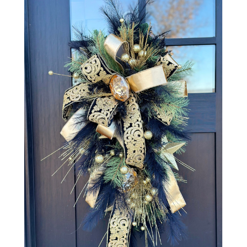 Elegant Black & Gold Holiday Swag | Luxe Door Wreath for Christmas, New Year's, or NOLA Theme | 36" x 18" Festive Decor