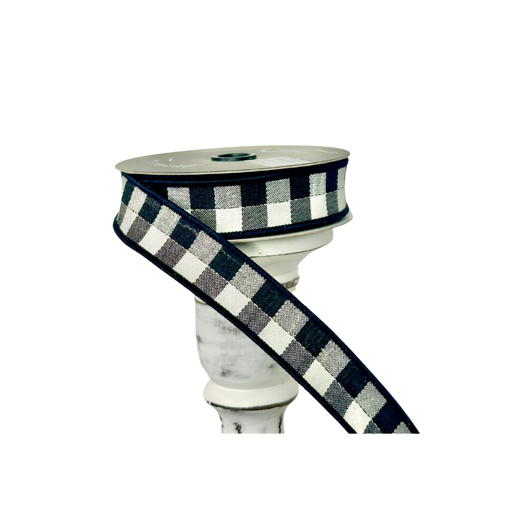 1"x10yd Black/White Check Farrisilk Wired Ribbon - Designer Craft & Decor Ribbon - Black Wired Ribbon by TCT Crafts (RK502-92)