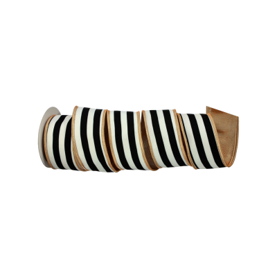 Regency Black and White Striped Wired Ribbon with Gold Trim | 2.5" x 5 Yards | Elegant Holiday and Craft Decor-MTX72721