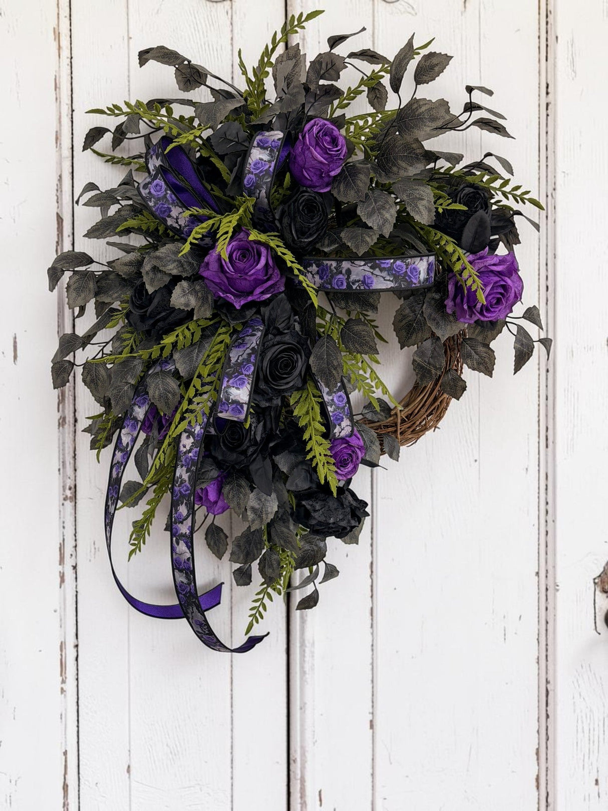 Dark Moody Halloween Wreath — Purple and Black Rose Grapevine Wreath, 32 Inch TCT Crafts