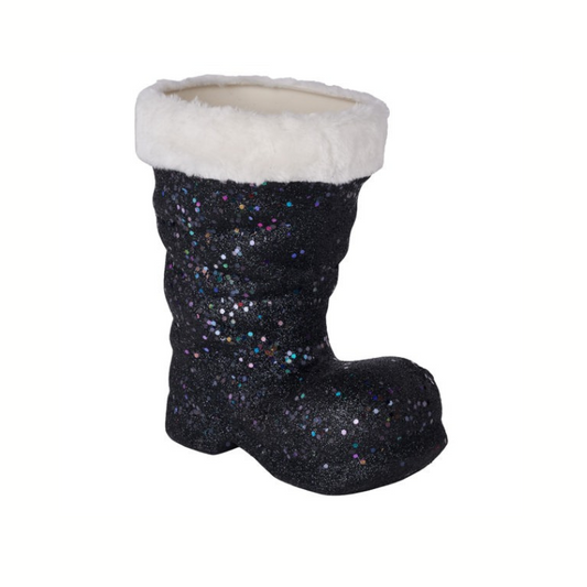 9.5"H x 8.5"L Black Glitter Santa Boot with White Fur Trim - Festive Christmas Decoration in Black/White - XC723402 Craig Bachman