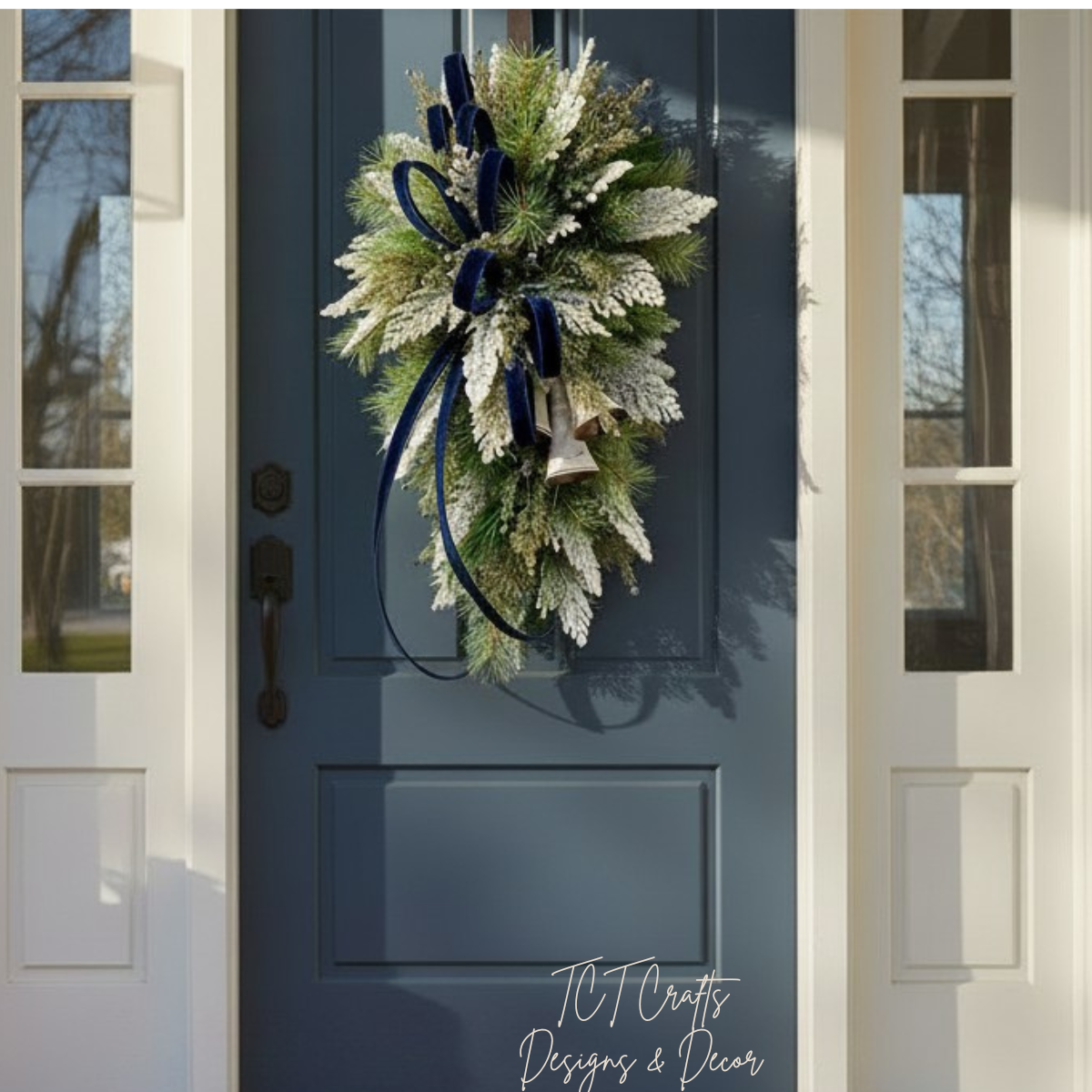 Blue White Holiday Bell Swag — Large Christmas Front Door Swag, 35 Inch TCT Crafts