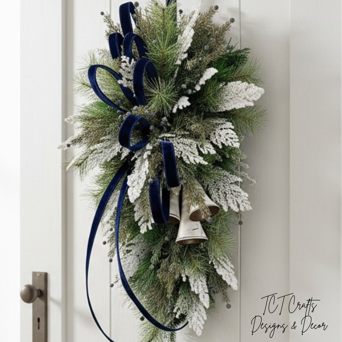 Blue White Holiday Bell Swag — Large Christmas Front Door Swag, 35 Inch TCT Crafts
