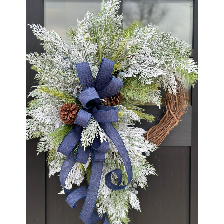 Snowy Navy Winter Crabapple Wreath - Handmade Flocked Cedar & Pine Door Decor for All Winter with Frosted Greenery and Navy Bow