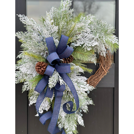 Snowy Navy Winter Crabapple Wreath - Handmade Flocked Cedar & Pine Door Decor for All Winter with Frosted Greenery and Navy Bow
