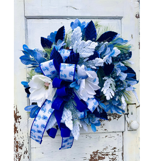 Blue Winter Magnolia Wreath – Hanukkah Wreath with White Magnolias, Blue Velvet & Farrisilk Ribbon TCT Crafts