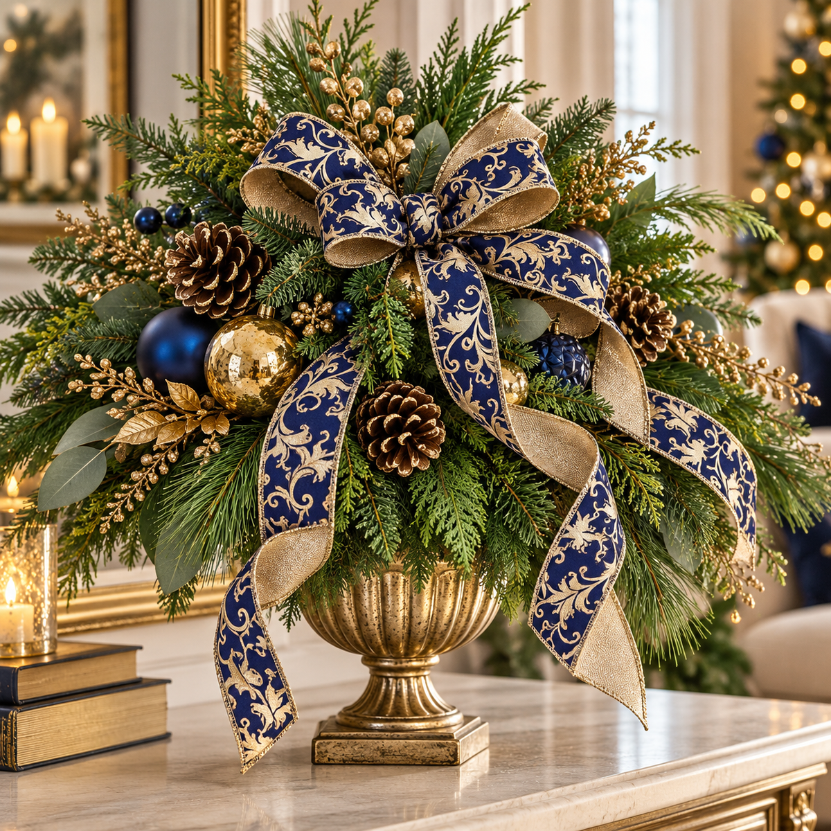 D'Lux Navy Gold Foil Swirl Leaf Ribbon | Wired Christmas Wreath Ribbon | 1.5" x 10yd-LX3133WA Craig Bachman