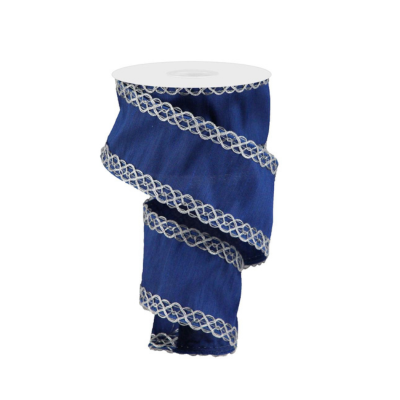 Royal Blue and Silver Faux Dupioni Wired Ribbon with Metallic Trim - 2.5 inches x 10 yards-RD190163 TCT Crafts