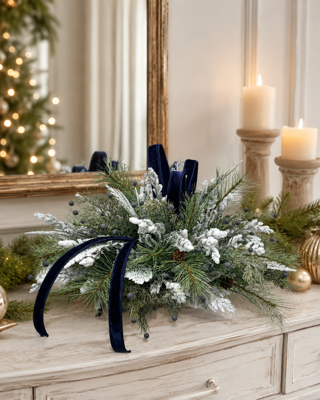 Blue White Christmas Centerpiece in White Dough Bowl — Holiday and Hanukkah Arrangement TCT Crafts