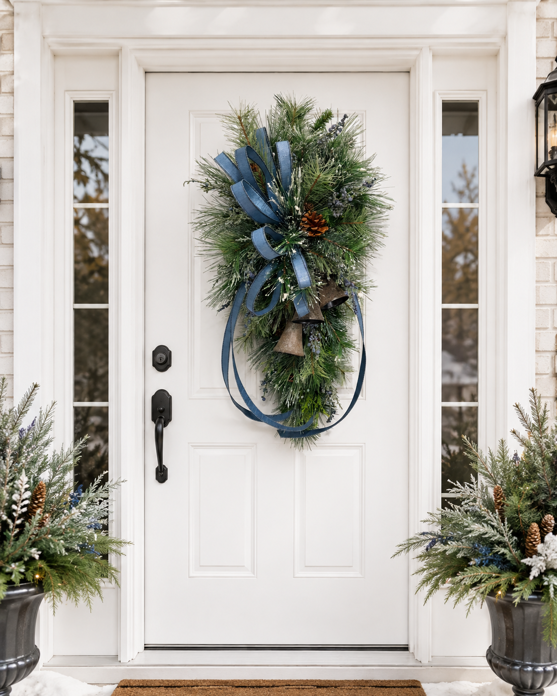 Blue Juniper Bell Swag | Designer Farrisilk Ribbon Christmas Swag | 39"L x 21"W TCT Crafts