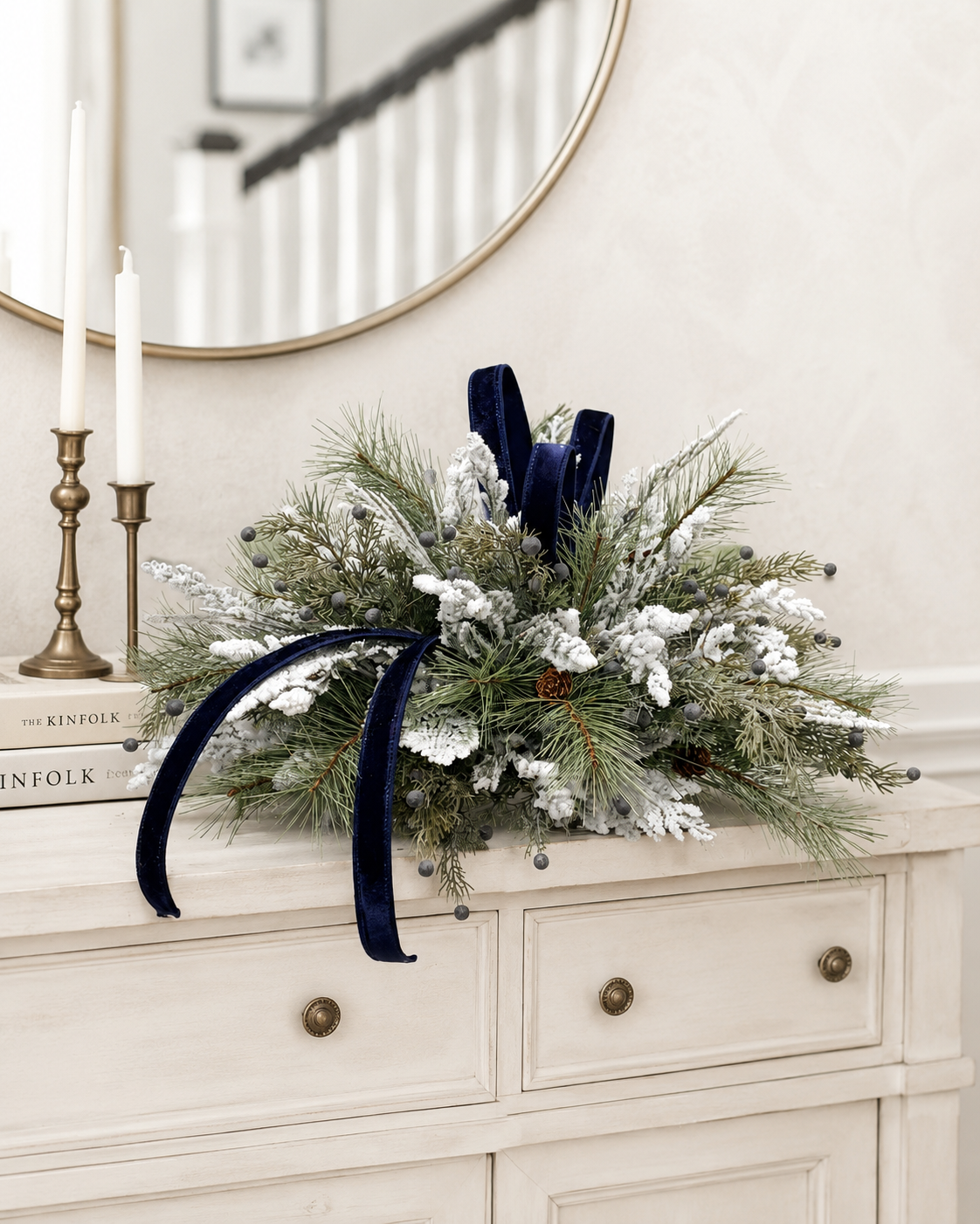 Blue White Christmas Centerpiece in White Dough Bowl — Holiday and Hanukkah Arrangement TCT Crafts