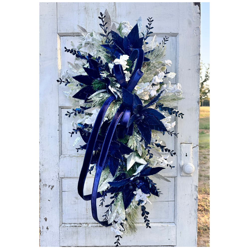 Elegant Blue & Silver Velvet Poinsettia Holiday Swag – 42"x23" Blue and Silver Christmas Door Decor | TCT Crafts