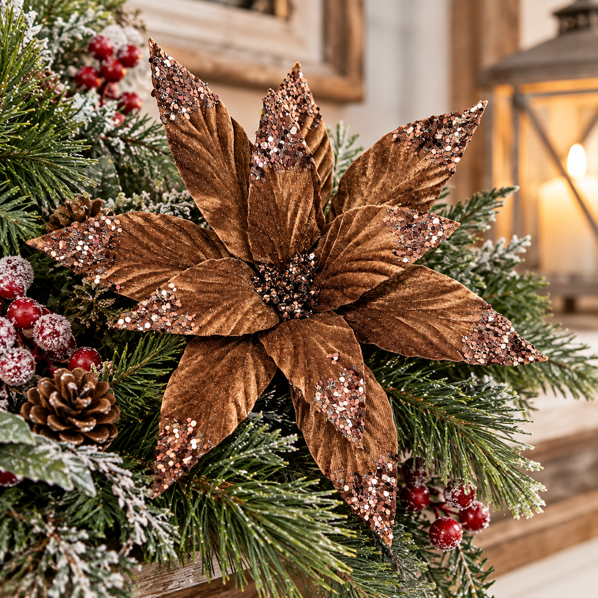 Chocolate Brown Velvet Glitter Poinsettia Stem 24"-86797CHO Liberty Floral